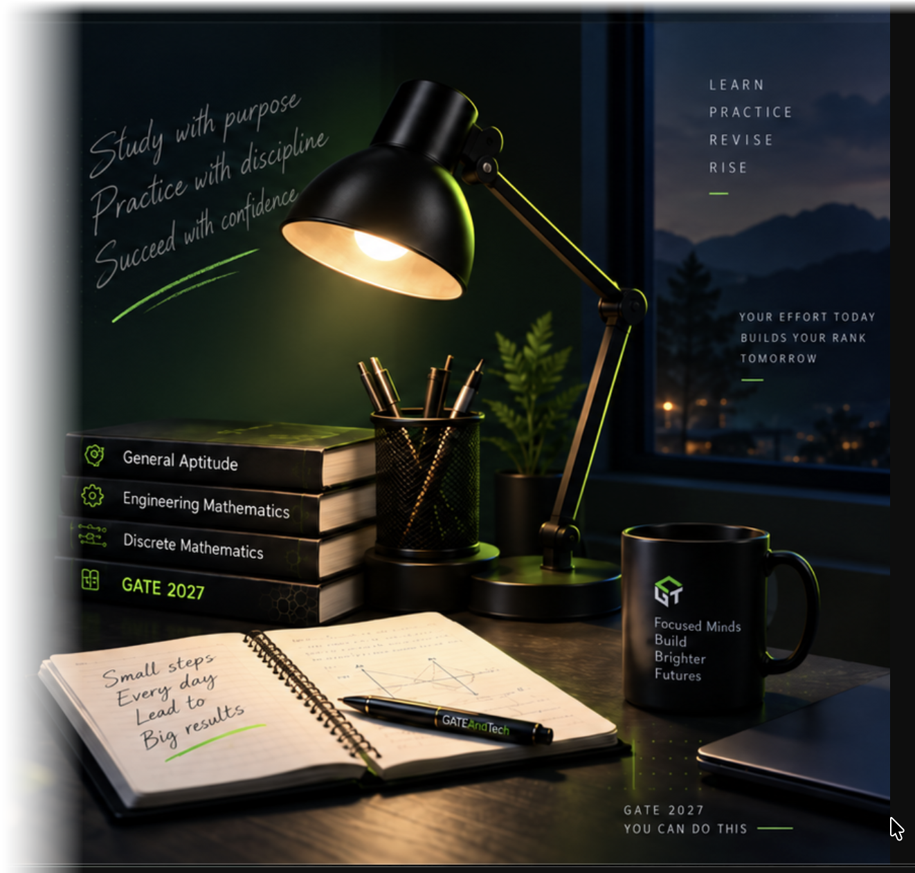 GATE preparation study desk with lamp, notebook and books